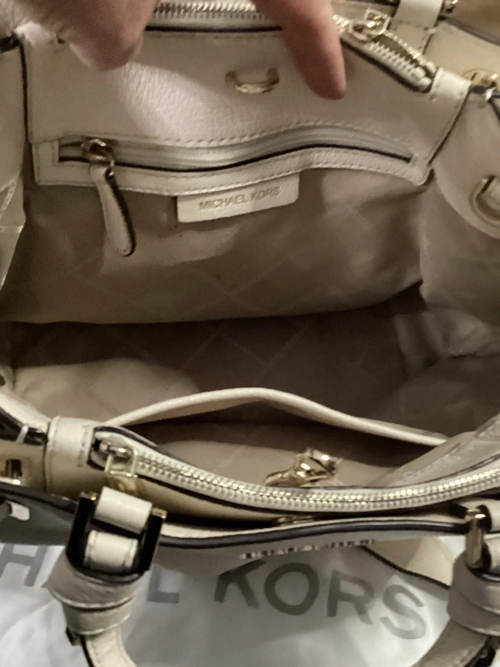 Michael Kors Almond Leather Shoulder Satchel with Gold Hardware lots of pockets!